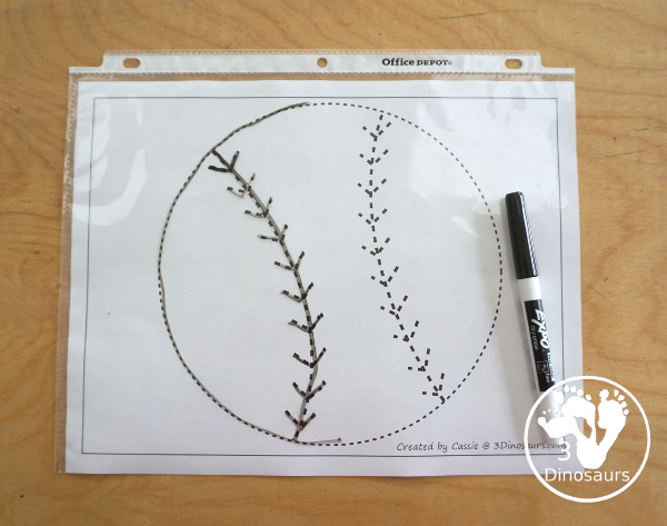 Free Baseball Fine Motor Mats - with a baseball template, baseball tracing, baseball circle playdough mat, and baseball dot marker printable - 3Dinosaurs.com