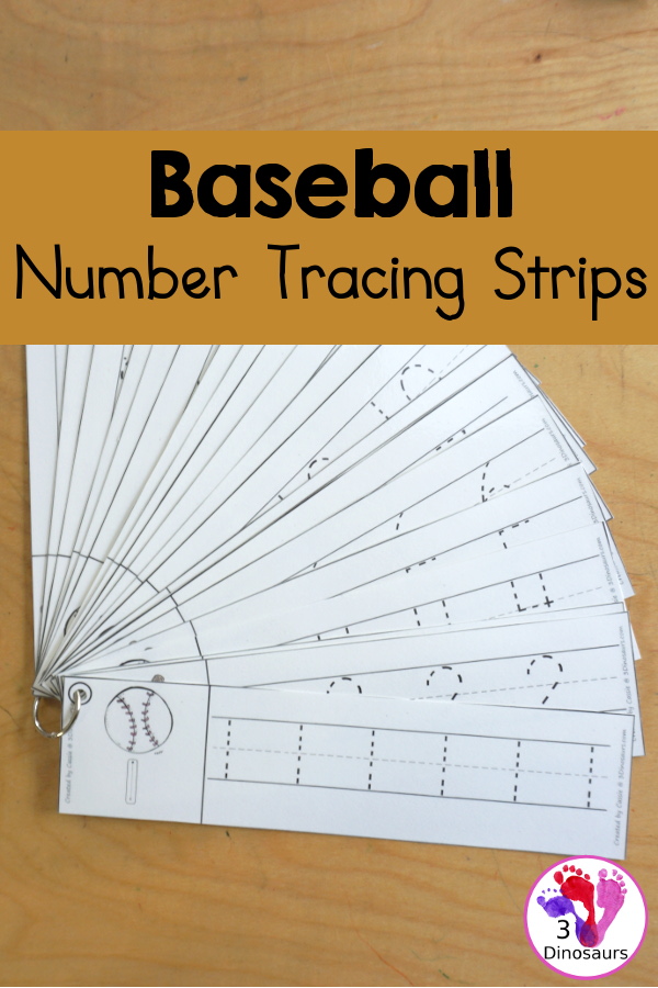 Free Baseball Number Tracing Strip Printables - with numbers 0 to 20. You can tracing the numbers and an example of how to trace the numbers on the strips, plus a baseball, bat or glove on each tracing strip. - 3Dinosaurs.com