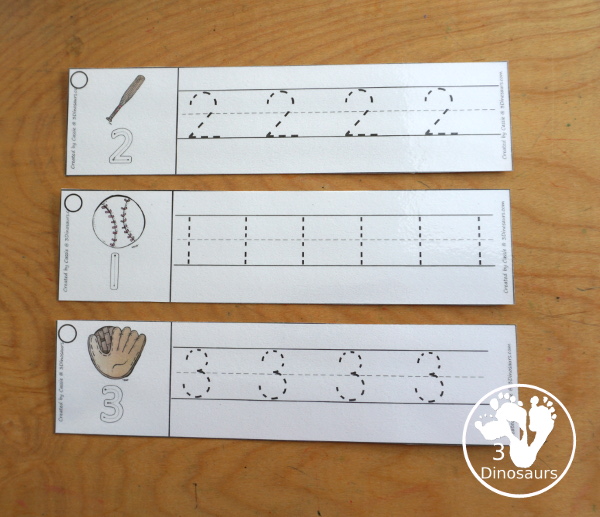 Free Baseball Number Tracing Strip Printables - with numbers 0 to 20. You can tracing the numbers and an example of how to trace the numbers on the strips, plus a baseball, bat or glove on each tracing strip. - 3Dinosaurs.com