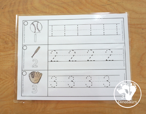 Free Baseball Number Tracing Strip Printables - with numbers 0 to 20. You can tracing the numbers and an example of how to trace the numbers on the strips, plus a baseball, bat or glove on each tracing strip. - 3Dinosaurs.com