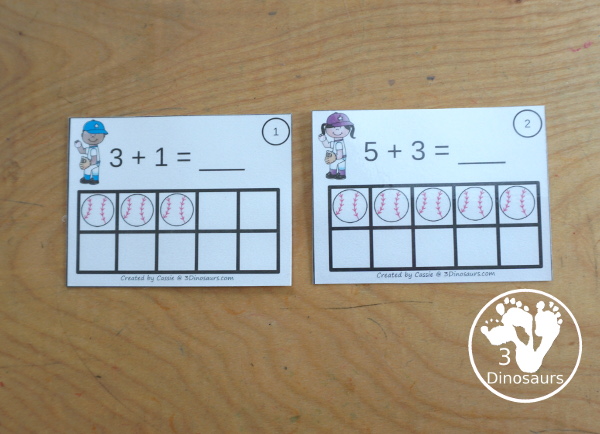 Free Baseball Ten Frame Addition 1 to 10 with part of ten frame filled out and part empty with a recording sheet that can be used the ten frame addition cards - 3Dinosaurs.com