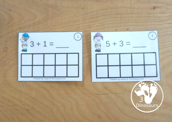 Free Baseball Ten Frame Addition 1 to 10 with part of ten frame filled out and part empty with a recording sheet that can be used the ten frame addition cards - 3Dinosaurs.com