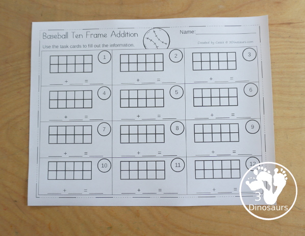 Free Baseball Ten Frame Addition 1 to 10 with part of ten frame filled out and part empty with a recording sheet that can be used the ten frame addition cards - 3Dinosaurs.com