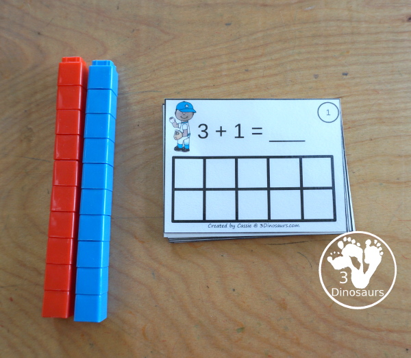 Free Baseball Ten Frame Addition 1 to 10 with part of ten frame filled out and part empty with a recording sheet that can be used the ten frame addition cards - 3Dinosaurs.com