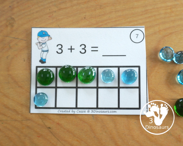 Free Baseball Ten Frame Addition 1 to 10 with part of ten frame filled out and part empty with a recording sheet that can be used the ten frame addition cards - 3Dinosaurs.com