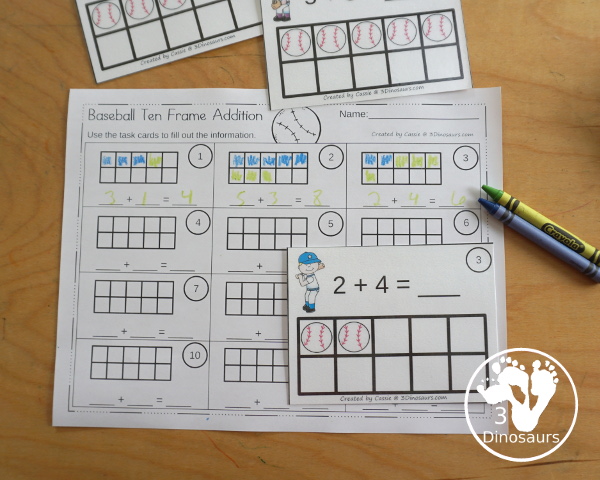 Free Baseball Ten Frame Addition 1 to 10 with part of ten frame filled out and part empty with a recording sheet that can be used the ten frame addition cards - 3Dinosaurs.com