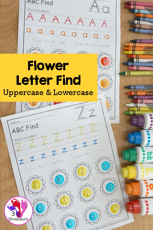 Flower ABC Letter Find for Uppercase & Lowercases Letters - with tracing the letters and then finding the uppercase letter and the lowercase letter with 26 pages of printables - 3Dinosaurs.com