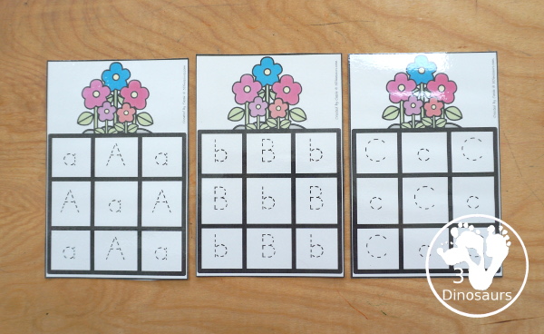 Free Flower ABC Tracing Cards with a 3 by 3 tracing rows of uppercase and lowercase letters. A fun way to change handwriting for kids with all 26 letters of the alphabet. - 3Dinosaurs.com