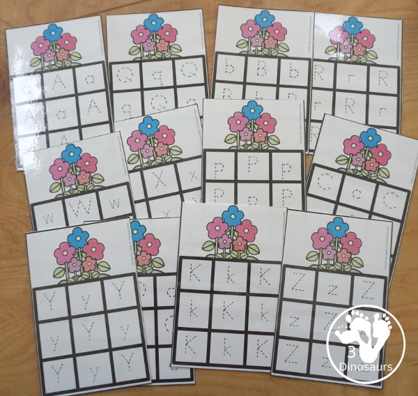 Free Flower ABC Tracing Cards with a 3 by 3 tracing rows of uppercase and lowercase letters. A fun way to change handwriting for kids with all 26 letters of the alphabet. - 3Dinosaurs.com