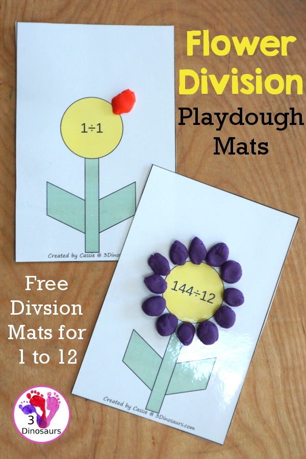 Free Flower Division Mat Printables - with 12 division flower mats for each number 1 to 12. You have two playdough mats on each page, where kids solve each division problem by making that make flower petals for the answer for each division mat - 3Dinosaurs.com