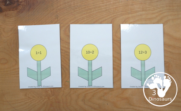 Free Flower Division Mat Printables - with 12 division flower mats for each number 1 to 12. You have two playdough mats on each page, where kids solve each division problem by making that make flower petals for the answer for each division mat - 3Dinosaurs.com