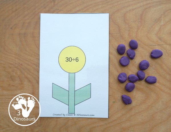 Free Flower Division Mat Printables - with 12 division flower mats for each number 1 to 12. You have two playdough mats on each page, where kids solve each division problem by making that make flower petals for the answer for each division mat - 3Dinosaurs.com