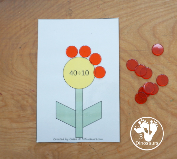 Free Flower Division Mat Printables - with 12 division flower mats for each number 1 to 12. You have two playdough mats on each page, where kids solve each division problem by making that make flower petals for the answer for each division mat - 3Dinosaurs.com