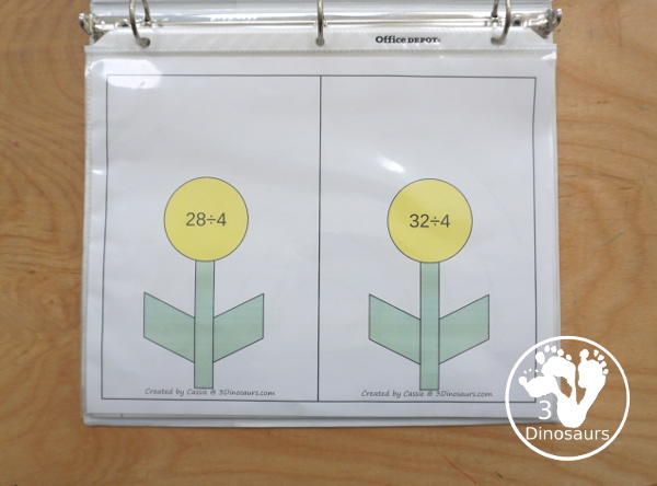 Free Flower Division Mat Printables - with 12 division flower mats for each number 1 to 12. You have two playdough mats on each page, where kids solve each division problem by making that make flower petals for the answer for each division mat - 3Dinosaurs.com