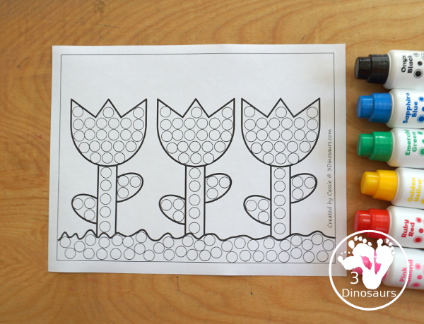 Free Tulip Fine Motor Mat Printables - with two versions of a tulip for different skill levels with a single tulip flower and three flowers on a page with ground, stem and leaves - you have a flower template printable, flower tracing printable, flower dot marker printable, and flower q-tip printable - 3Dinosaurs.com