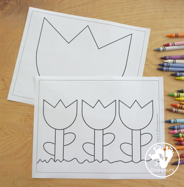 Free Tulip Fine Motor Mat Printables - with two versions of a tulip for different skill levels with a single tulip flower and three flowers on a page with ground, stem and leaves - you have a flower template printable, flower tracing printable, flower dot marker printable, and flower q-tip printable - 3Dinosaurs.com