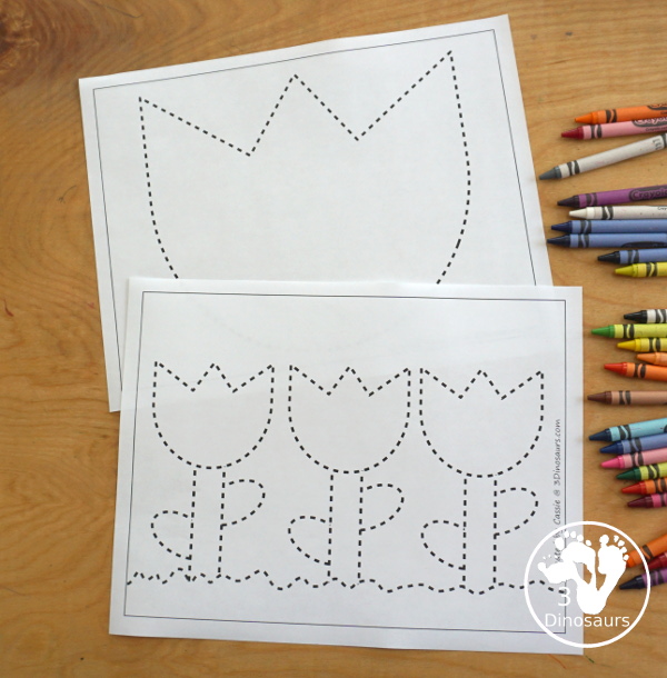 Free Tulip Fine Motor Mat Printables - with two version of a tulip for different skill levels with a single tulip flower and three flowers on a page with ground, stem and leaves - you have a flower template printable, flower tracing printable, flower dot marker printable, and flower q-tip printable - 3Dinosaurs.com