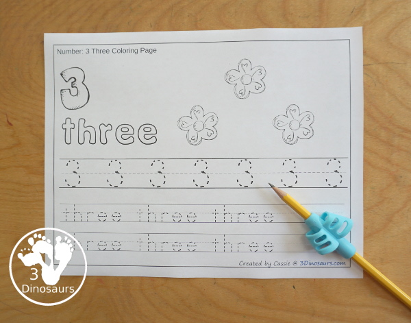 Free Flower Number Color & Trace - Numbers o to 10 with counting the flowers and tracing the number and number word for each number with 11 pages of printables for prek and kindergarten - 3Dinosaurs.com