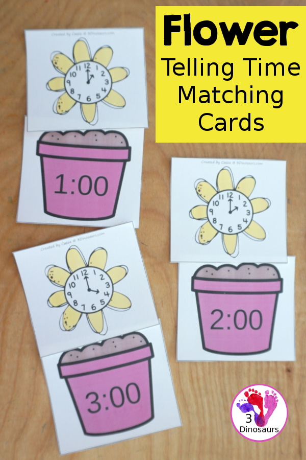 Free Flower Telling Time Matching Cards - with hourly matching cards with analog clock and digital clock with 12 matching paints for each of the hours on a clock  - 3Dinosaurs.com