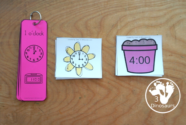 Free Flower Telling Time Matching Cards - with hourly matching cards with analog clock and digital clock with 12 matching paints for each of the hours on a clock  - 3Dinosaurs.com