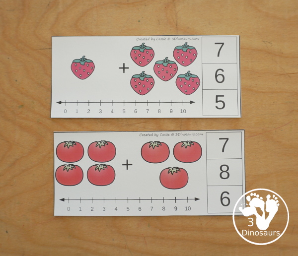 Free Garden Addition Clip Card Printables: Addition 1 to 10 - with two set of cards with a number line and without a number line. - 3Dinosaurs.com