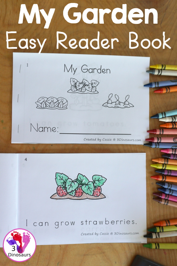 Free My Garden Easy Reader Book - an 8 page book with things you are grow in a garden with sight words: I, can, grow. Each page focuses on one fruit or vegetable in the garden.- 3Dinosaurs.com