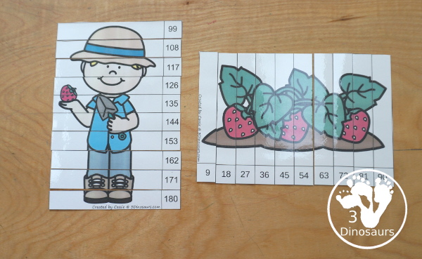 Free Garden Skip Counting by 9 Puzzles - you have two 10 piece skip counting by 9 puzzles: 9 to 90 and 99 to 180 with a puzzle building mat included- 3Dinosaurs.com
