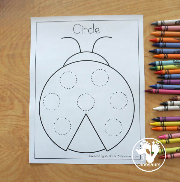 Free Ladybug Shape Tracing Printable - with 9 shapes for kids to trace on the back on the ladybug. A great shape fine motor activity for kids. - 3Dinosaurs.com