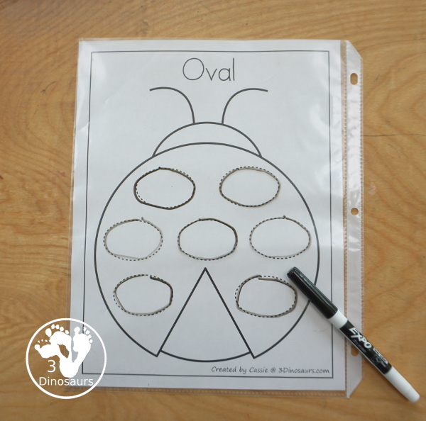 Free Ladybug Shape Tracing Printable - with 9 shapes for kids to trace on the back on the ladybug. A great shape fine motor activity for kids. - 3Dinosaurs.com