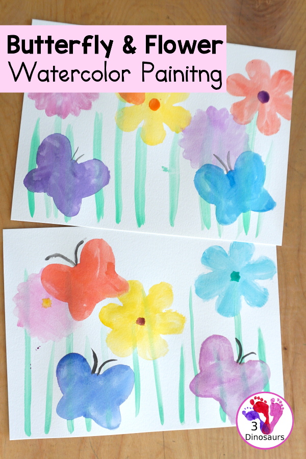 Watercolor Butterfly & Flower Painting is a fun watercolor painting with butterfly and flower cookie cutters - 3Dinosaurs.com