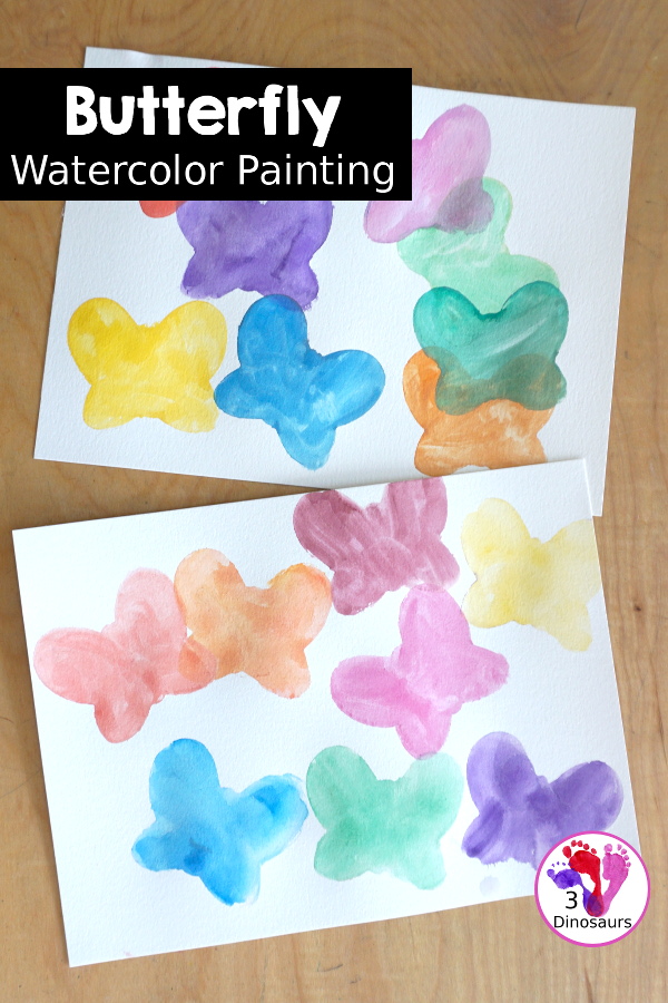 Butterfly Watercolor Painting With Cooke Cutter - A super simple watercolor painting you can do with butterfly cookie cutters and watercolor paints. You can have fun with this spring theme - 3Dinosaurs.com