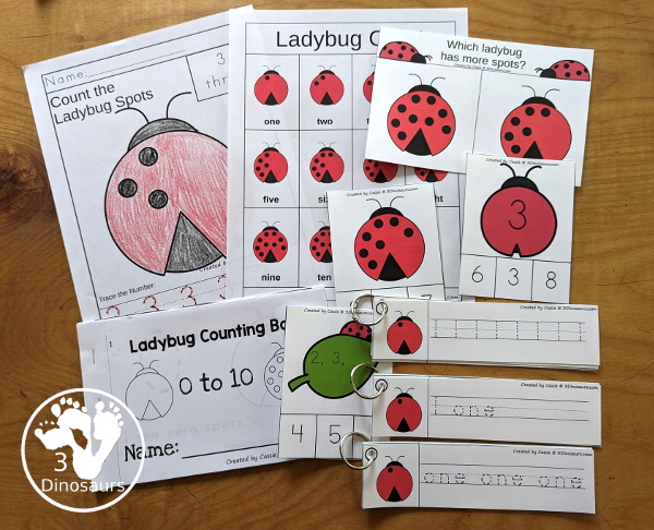 Ladybug Activity Pack: Prewriting, Numbers, Shapes and ABCs - has 189 pages of printables with a mix of no-prep worksheets, tracing strips, clip cards and easy reader books that work for a bug learning center - 3Dinosaurs.com