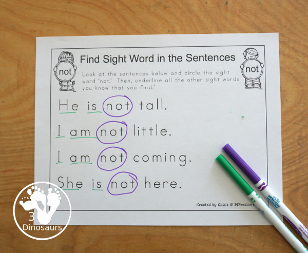 Romping & Roaring Preprimer Sight Words: not, one, play, red - you have 6 pages for each sight word that work on learning the sight word different ways with reading, writing, and finding. 3Dinosaurs.com