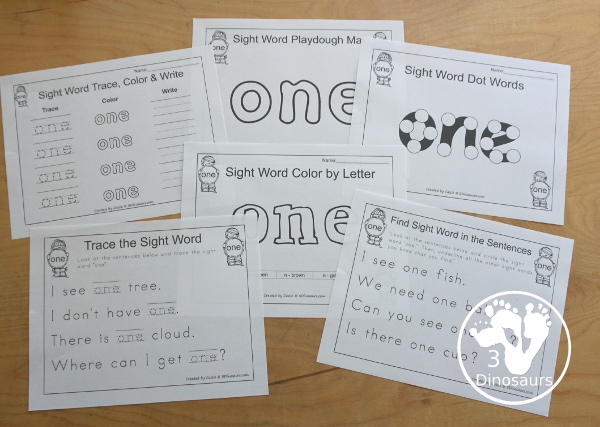 Romping & Roaring Preprimer Sight Words: one - showing all the pages in the set for one. 3Dinosaurs.com