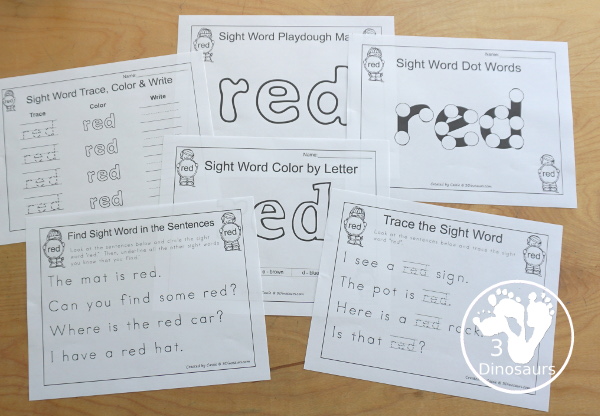 Romping & Roaring Preprimer Sight Words: red - showing all the pages in the set for red. 3Dinosaurs.com