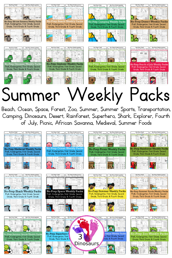 No-Prep Weekly Packs for the Summer for Prek to 4th Grade - You have  Ocean, Beach, Zoo, Forest, Space, Summer, Summer Sports, Dinosaurs, Transportation, Camping, Explorer, Superhero, Shark, Desert, Rain Forest, Fourth of July, Summer Foods, Picnic, Medieval, and African Savanna. You have 4 pages of printables for 5 days for each week. You have prek, kindergarten, first grade, second grade, third grade, and fourth grade in these weekly packs - 3Dinosaurs.com