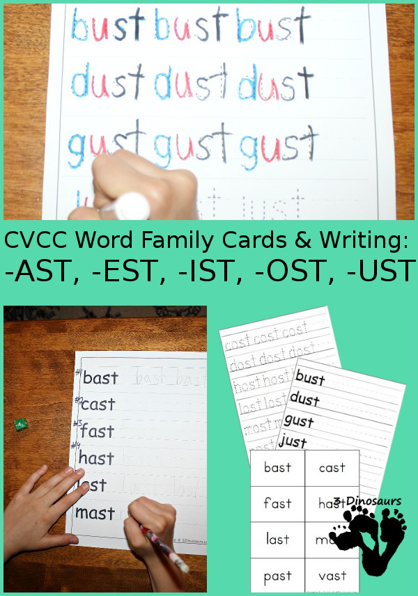 Free CVCC Word Family Cards & Writing: -ast, -est, -ist, -ost, -ust - 3Dinosaurs.com