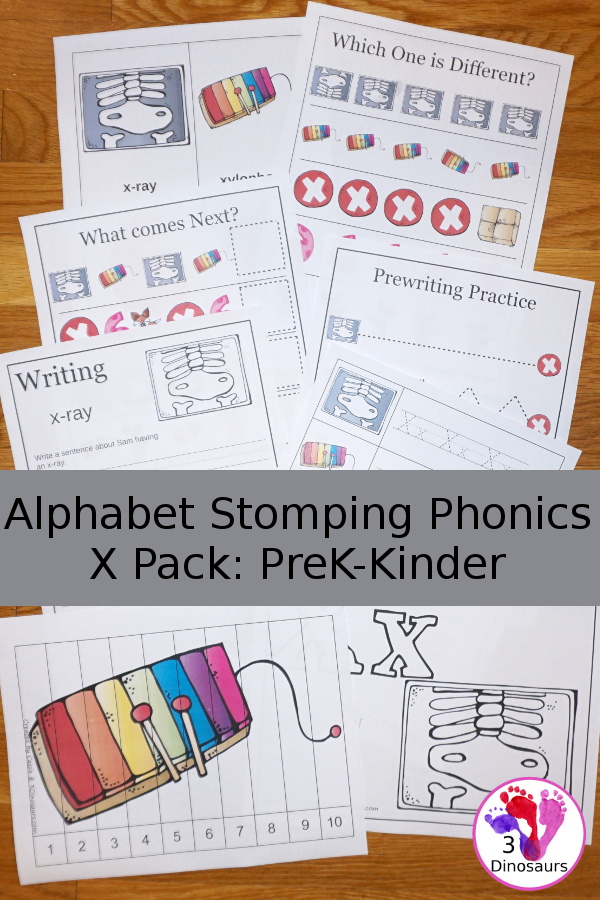 Free Alphabet Stomping Phonics X Prek-Kinder Pack - 30 pages of printables - 3Dinosaurs.com