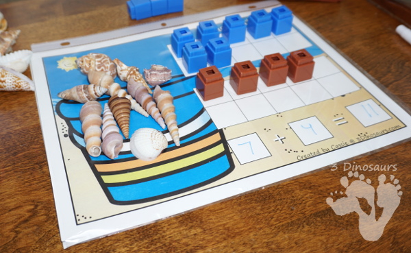 FREE Hands-On Beach Themed Addition & Subtraction Mats - two mats with counters for ten frame and shells for the pail - 3Dinosaurs.com