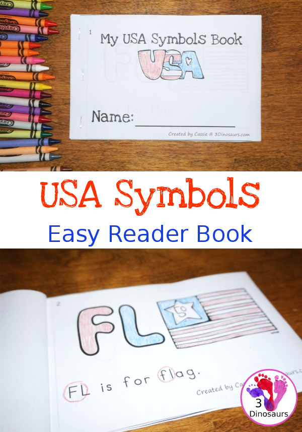 Free USA Symbols ABC Themed Easy Reader book - with 8 pages in the book with 7 different symbols - 3Dinosaurs.com