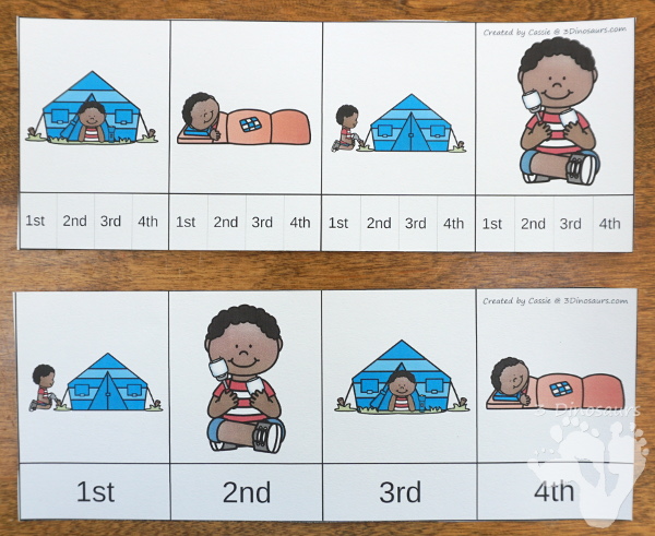 Free Mini Camping in the Backyard Themed Sequencing -  with clip cards, writing and cut and paste $ - 3Dinosaurs.com #printablesforkids #sequencingforkids #summerprintables  #campingforkids