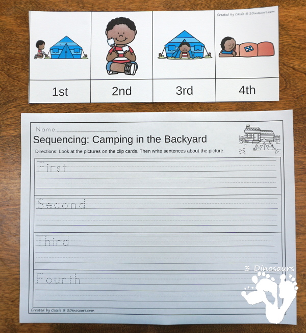 Free Mini Camping in the Backyard Themed Sequencing -  with clip cards, writing and cut and paste $ - 3Dinosaurs.com #printablesforkids #sequencingforkids #summerprintables  #campingforkids