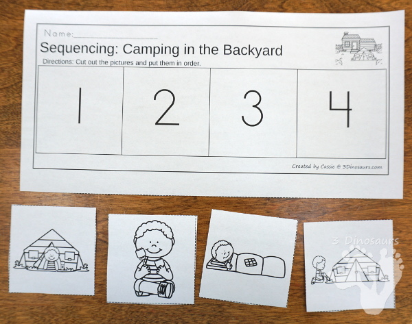 Free Mini Camping in the Backyard Themed Sequencing -  with clip cards, writing and cut and paste $ - 3Dinosaurs.com #printablesforkids #sequencingforkids #summerprintables  #campingforkids