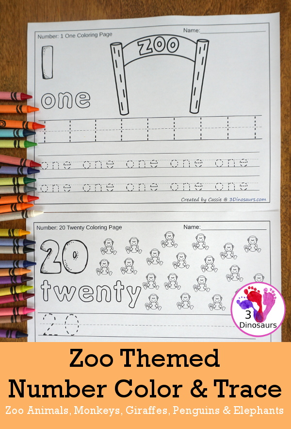 No-Prep Zoo Themed Number Color and Trace - easy no-prep printables with 5 sumemr themes: general zoo animals, monkeys, giraffes, penguins, and elephants 44 pages for each set with two options for the numbers tracing or writing $ - 3Dinosaurs.com #noprepprintable #summer #numbersforkids