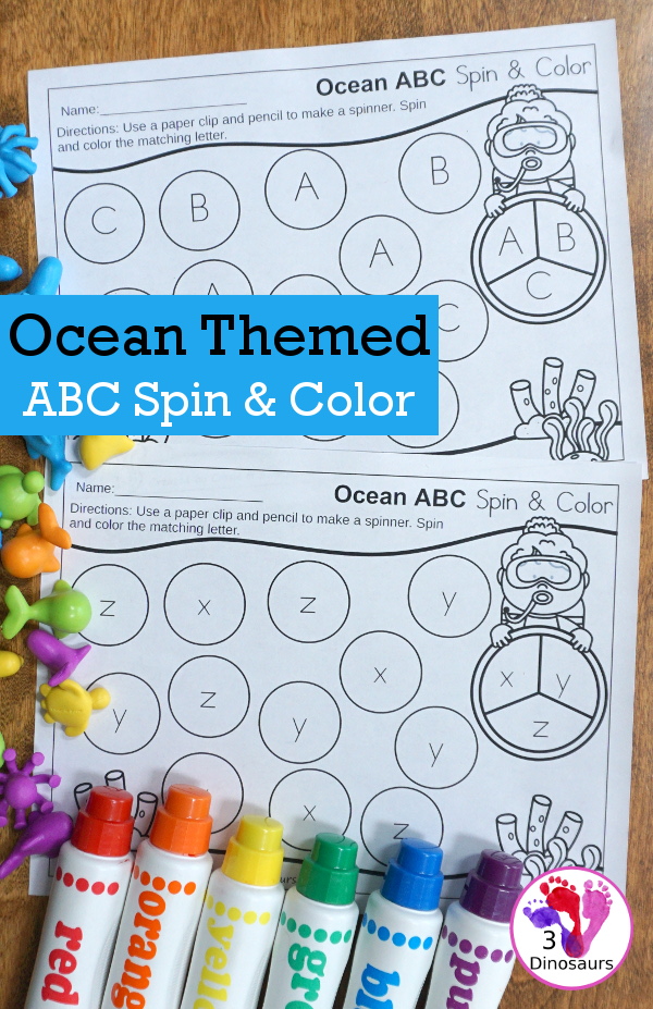 Free Ocean Themed ABC Spin & Color - uppercase and lowercase options with 3 letters per page - #freeprintable #abcs  #3dinosaurs