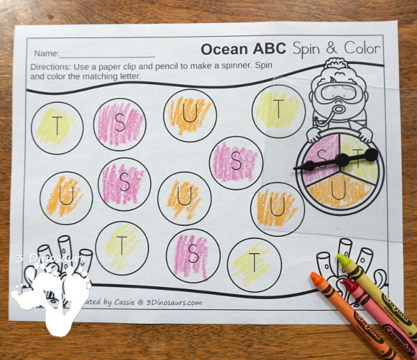 Free Ocean Themed ABC Spin & Color - uppercase and lowercase options with 3 letters per page - #freeprintable #abcs  #3dinosaurs