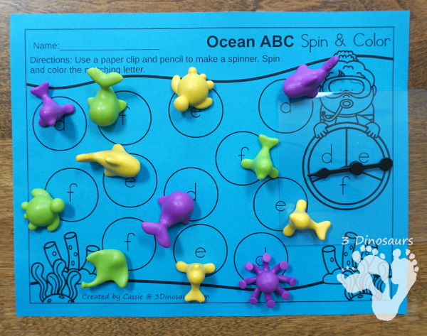 Free Ocean Themed ABC Spin & Color - uppercase and lowercase options with 3 letters per page - #freeprintable #abcs  #3dinosaurs