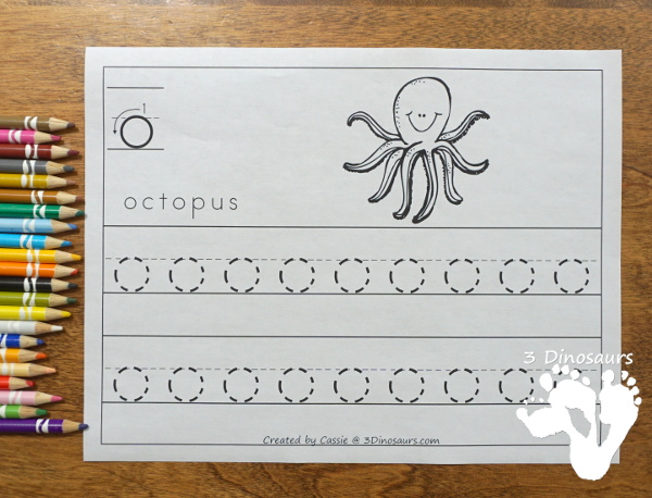 Free Ocean Animals Letter Tracing Print & Cursive - one letter per page with 6 letters in the set all with ocean animals themes in uppercase and lowercase for both print and cursive - #freeprintable #abcs #3dinosaurs