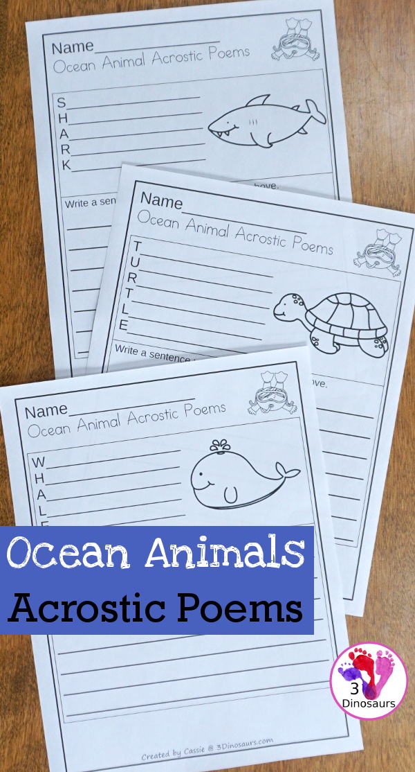 Free Ocean Animals Acrostic Poems - 6 ocean animals acrostic poems with writing - #freeprintable #poems #writingforkids  #3dinosaurs