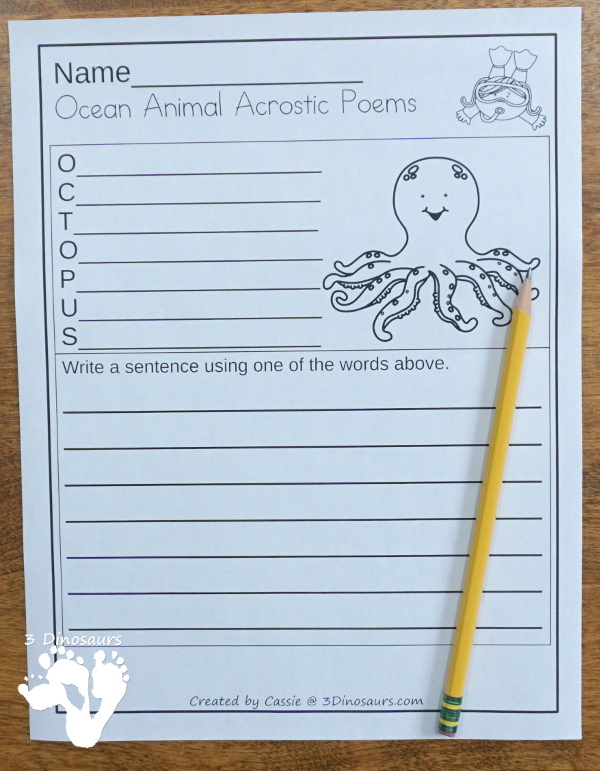 Free Ocean Animals Acrostic Poems - 6 ocean animals acrostic poems with writing - #freeprintable #poems #writingforkids  #3dinosaurs